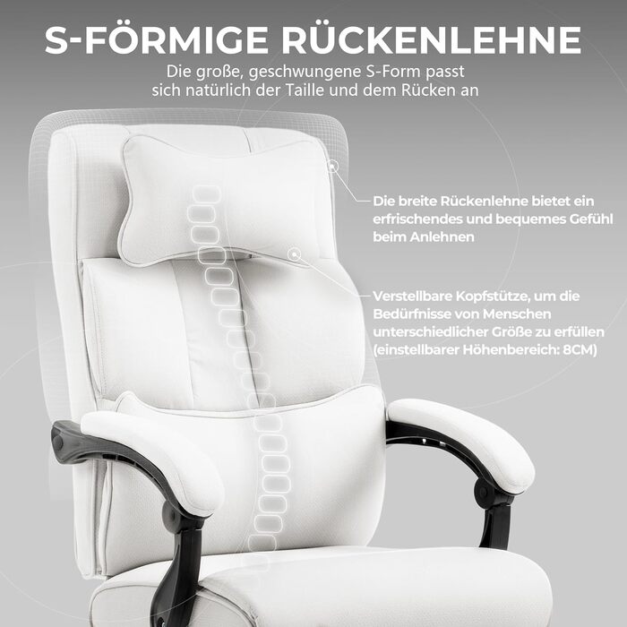 Крісло для керівників Dowinx Офісне крісло ергономічне з підставкою для ніг і м'яким підлокітником, ергономічне офісне крісло тканина, обертове крісло Комп'ютерне крісло з високою спинкою, офісне крісло з регулюванням висоти 150 кг Бежевий (білий)