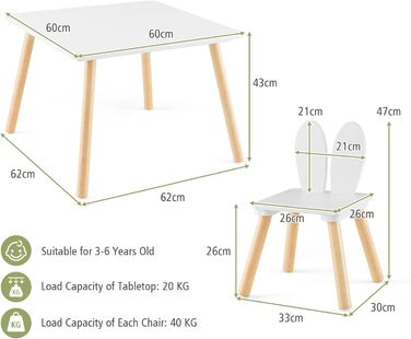 Дитячий стіл LIFEZEAL з 2 стільцями, спинка для вух кролика, дитячі меблі з дерева, білий