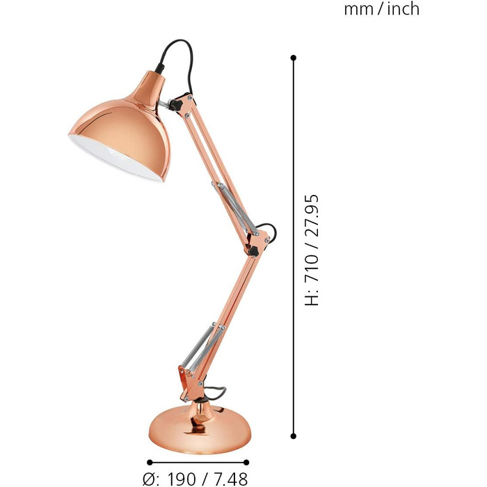 Настільна лампа EGLO Borgillio, вінтажна настільна лампа в індустріальному дизайні, металева приліжкова лампа в мідному кольорі, розетка E27, вкл. вимикач