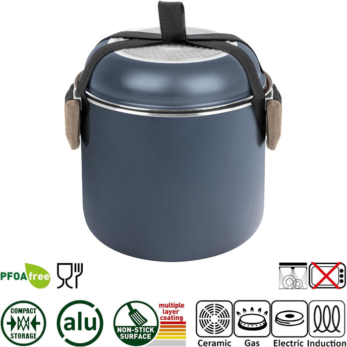 Набір посуду для кемпінгу BRUNNER Camping HOHES: каструлі та сковорідки з алюмінію (Ø 18, 20, 22 см), TORRALTA Vakublock, 2-4 особи, з покриттям, легкий, високоякісний, стікельний. 5+1-тильний набір