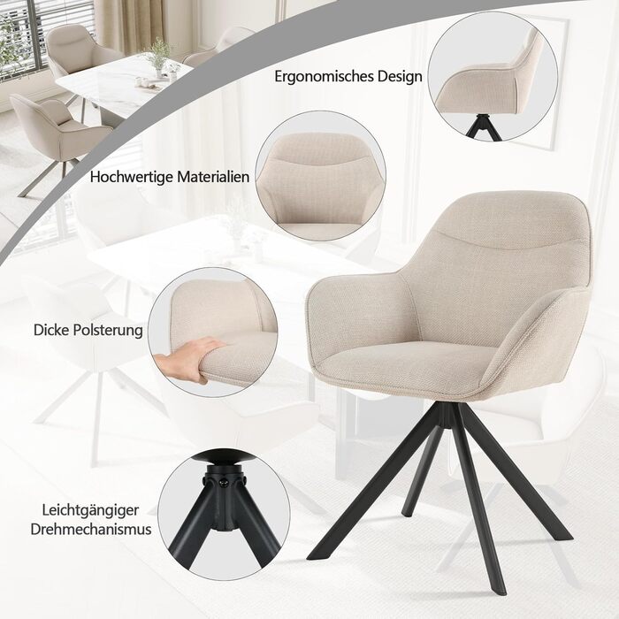 Обідній крісло для кухні/офісу, бежевий, з підлокітниками, 6 шт. в наборі, з металевим каркасом та м'яким сидінням з поліестеру