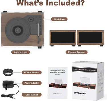 Вініловий програвач Udreamer з Bluetooth 5.3, подвійними стереодинаміками, 3 швидкості, AUX, RCA, USB, бездротове відтворення, вінтажний дизайн, колір кава