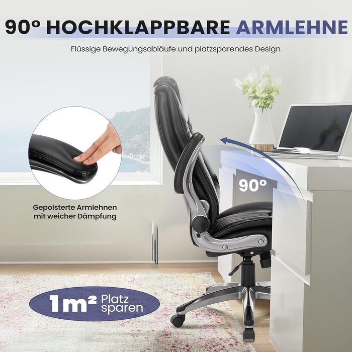 Крісло для офісу Colamy з шкіри, ергономічне, широке, з кишеньковим пружинним блоком, до 136 кг, дихаюче та зручне (чорне)