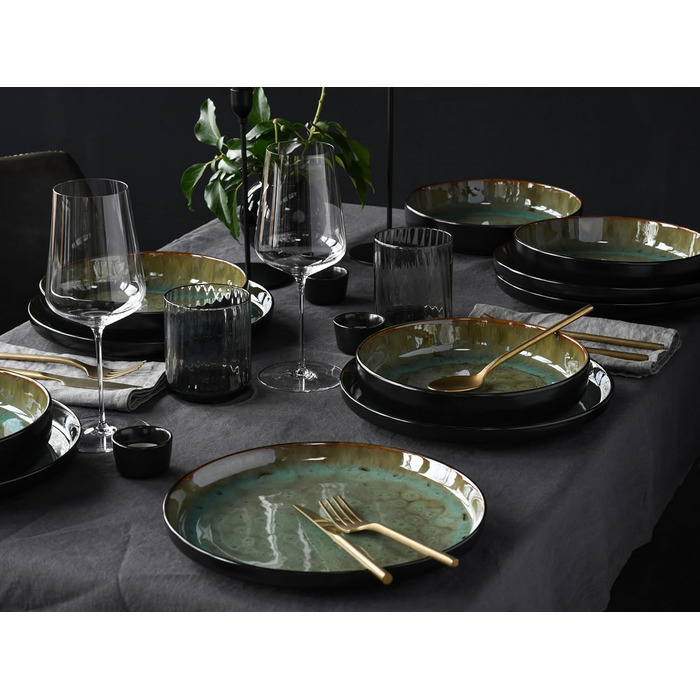 CreaTable Серія Nordic Fjord Green Набір посуду 16 предметів для 4 осіб, комбінований сервіс зі штучного каменю, підходить для посудомийної машини та мікрохвильової печі, якісне виробництво, зелений колір
