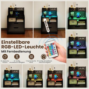 Нічний столик COSTWAY з LED-підсвіткою та зарядкою, 2 шухляди, відкриті полиці, пульт дистанційного керування, 45 x 35 x 72,5 см (Чорний)