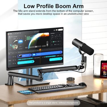 Мікрофонний стійкий тримач Aokeo AK-55 для столу, низькопрофільний, регульований, сумісний з Aokeo Yeti, Snowball iCE, HyperX QuadCast, SoloCast, Elgato Wave (Чорний)
