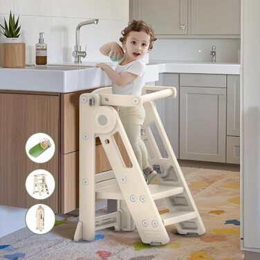 Стілець-сходинка для дітей Hoopyosms: регульована висота, складний, Montessori, для кухні, ванної кімнати та дитячої кімнати, від 1 року (Classic, Бежевий)
