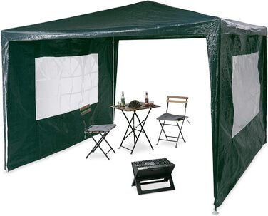 Павільйон Relaxdays 3x3 м, 2 бічні панелі, металевий каркас, поліетиленовий брезент, вікно, фестивальна шатра, закрита, (зелений)