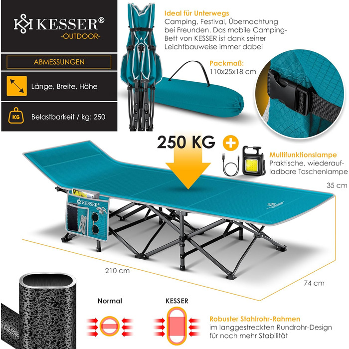 Кемпінгове ліжко KESSER Табірне ліжко Розкладне ліжко Кемпінговий шезлонг з сумкою для перенесення, кемпінговим світлом бічною сумкою Міцне похідне ліжко 250 кг Завантажувана металева труба 600D Портативний шезлонг з тканини Оксфорд Комфортний для подорож