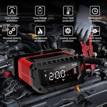 Швидкий зарядний пристрій Haisito 12V/24V 20A для акумуляторів автомобілів, мотоциклів, Li-Ion, AGM, Gel, MF, EFB, SLA, VRLA - розумний, швидкий зарядний пристрій