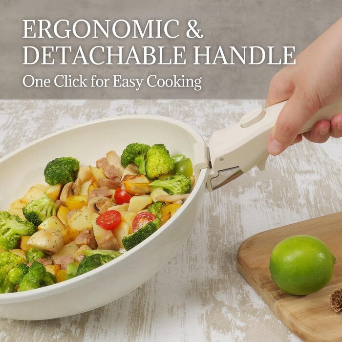 Набір каструль та сковорідок з керамічним покриттям 8 предметів з знімними ручками, індукційне дно, придатні для духовки та мийки, без PFAS/PFOA, кремово-білий