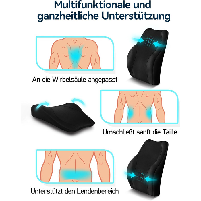 Подушка для спини Ergonomisches RückenKissen Travel Ease з гелевою піною Memory Foam, для офісного крісла, з антистатичним, приємним до шкіри чохлом, для комфортної посадки (Чорний)