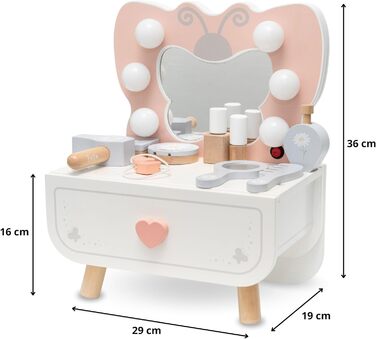 Детський туалетний столик Mamabrum XXL з дерева з пуфом та LED-дзеркалом – для дівчаток від 3 років, з ящиком та аксесуарами для макіяжу, ігровий набір та письмовий стіл (MAM242 DRESSING TAB)