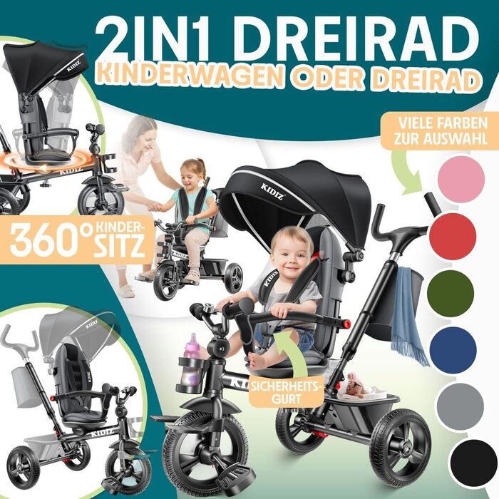 Триколісний велосипед KIDIZ 6-в-1 з ручкою, кошиком, сонцезахисним козирком до 25 кг (Чорний)