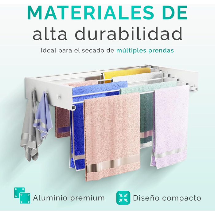 Настінний сушильник для білизни JUPPLIES, висувний, 120 см – розкладний, для дому та вулиці, з алюмінію, 30 кг, білий (з вішалками)