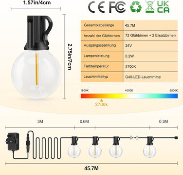 Світлодіодні вуличні струнні світильники 20M, 32 G40 атмосферостійкі лампи для саду, балкона, вечірки (45M)