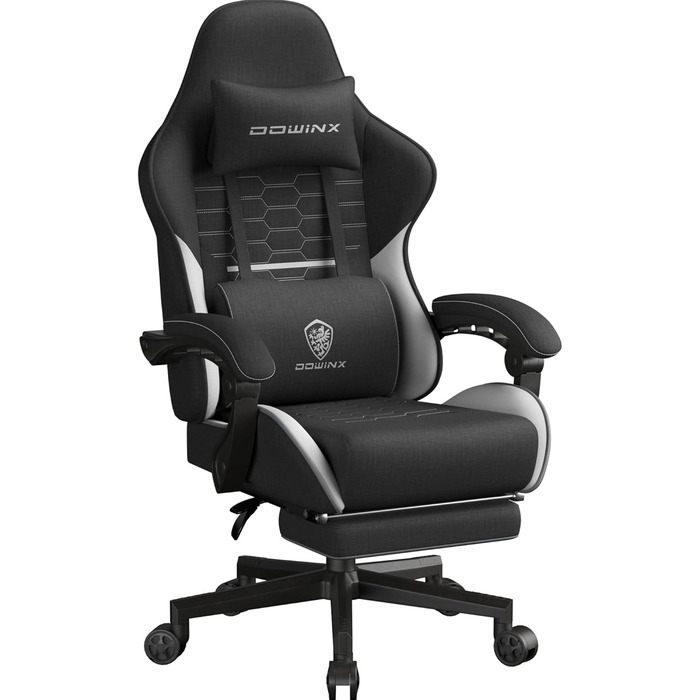 Ігровий крісло Dowinx з підголівником та підставкою для ніг, тканинне, з масажем, чорно-зелений, великий розмір