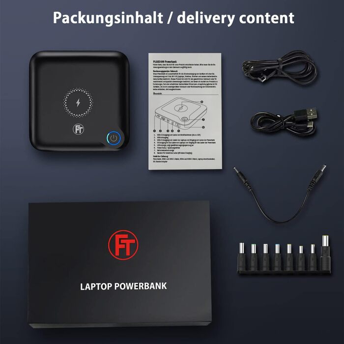 Роз'єм FeinTech PLG02400 ноутбука Powerbank 60 Вт PD USB-C та DC для ноутбука, MacBook, iPad, планшета, смартфона, камери, Nintendo Switch, бездротової зарядки 10 Вт, 88 Втгод, 24000 мАг, 122 x 122 x 28 мм