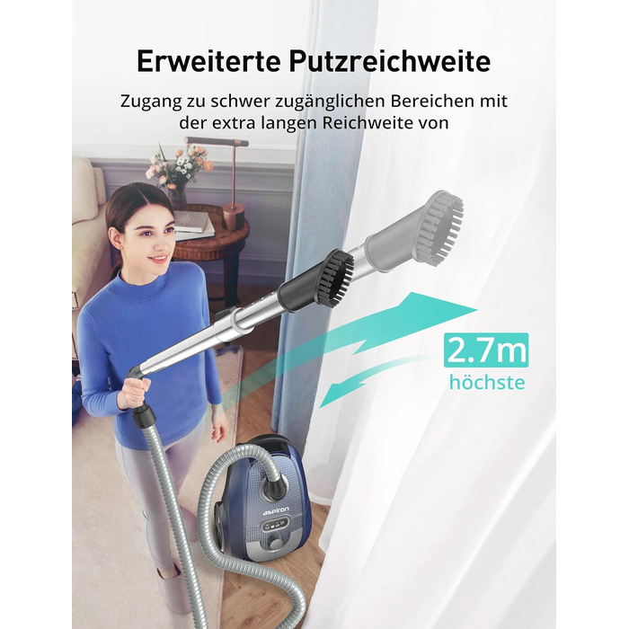 Пилосос Aspiron 3.5 л з мішком 800 Вт XXL Компактний пилосос Радіус дії 10 м з турбощіткою, щілинною насадкою, щіткою для пилу, насадкою для м'яких меблів 4-ступінчаста фільтрація для ковроліну, тверда підлога синя 3,5 л