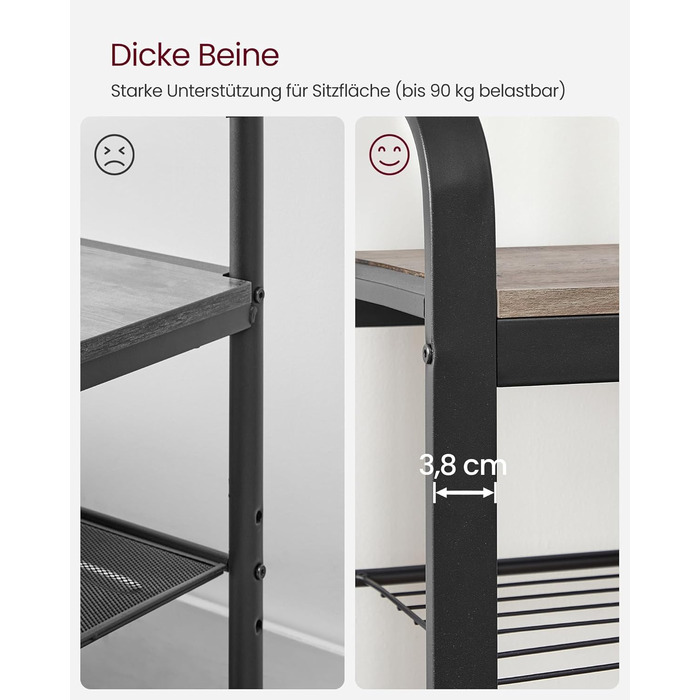 Стійка для одягу VASAGLE з полицею для взуття, 4-в-1, 9 знімних гачків, штанга для одягу, для передпокою, 33.7 x 72 x 183 см, індустріальний дизайн, горіхово-чорний колір