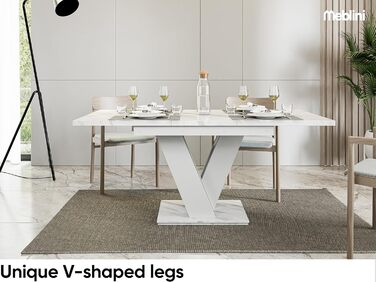 Обідній стіл MebleIni розсувний, сучасний дизайн, кухонний стіл, колона, чорний/білий глянцевий, 120-160x80x75 см, стільниця з білого мармуру/білий матовий