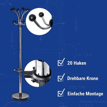 Підвісна шафа-органайзер MAUL Nebula з 20 гачками та тримачем для парасольки, срібно-чорний колір