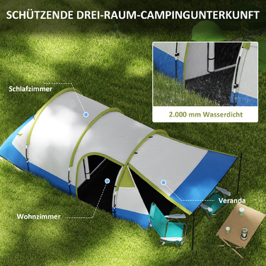 Outsunny Camping Tent, Тунельний намет для 3 осіб, з легким гачком, тент, 2 кімнати, вітрозахисний сімейний намет із сумкою для перенесення, 2000 мм водовідштовхувальний висувний намет для кемпінгу, саду, зелені