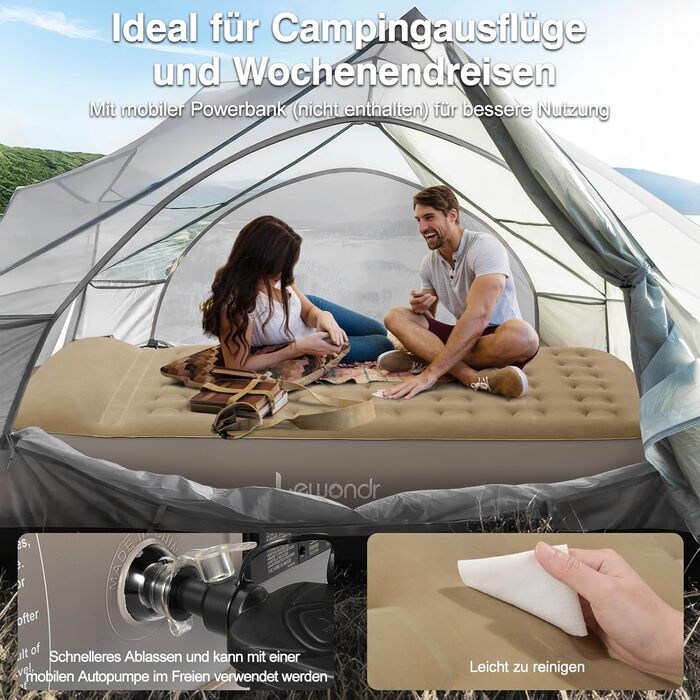 Надувне ліжко Lewondr на 2 особи з вбудованим насосом, 203x152x33 см. З подушкою, самонадувне, для кемпінгу, дому, гостей, подорожей (250 кг MAX), кольору хакі