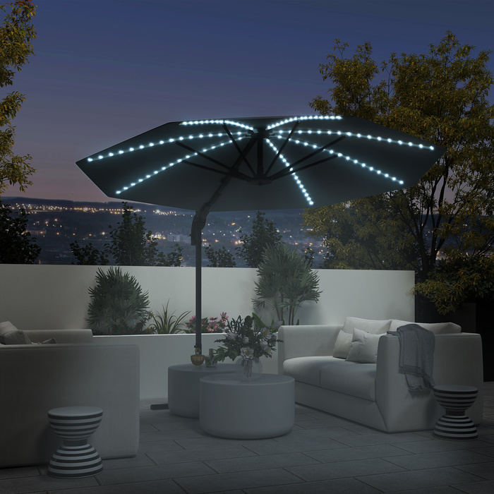 Outsunny Alu Centilever Parasol LED Solar Ø300 см регульована по висоті парасолька з кривошипною підставкою UV50+ Водовідштовхувальний ринок Обертовий ринок на 360° Нахилена садова парасолька Сонцезахисний захист для саду Балкон Темно-сірий