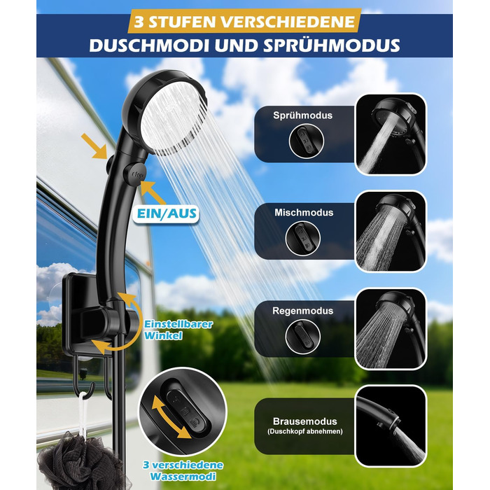 Портативна кемпінгова душова система WADEO з акумулятором, насосом та нагрівачем, 20л бак, для відпочинку, подорожей, автомиття та надзвичайних ситуацій