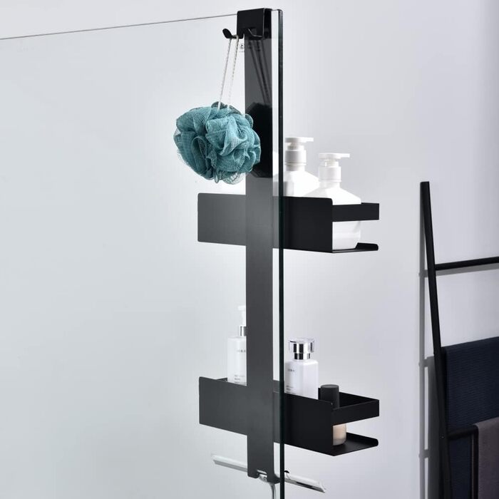 Настінна полиця для душу з 2 ящиками, SUS304 нержавіюча сталь, матовий чорний, з гачками, для скляних душових кабін