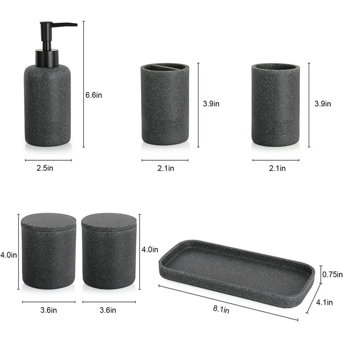 Сірий набір аксесуарів для ванної ZCCZ, 6 предметів: органайзер, тримач для зубних щіток, дозатор для рідкого мила, підставка, 2 контейнери для ватних паличок, сучасний дизайн