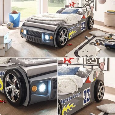 Автомобільне ліжко Stella Trading ENERGY зі світлодіодним освітленням 90 x 200 см - Захоплююче автомобільне ліжечко для маленьких гонщиків в - 105 x 60 x 225 см (Ш/В/Г) (срібло)