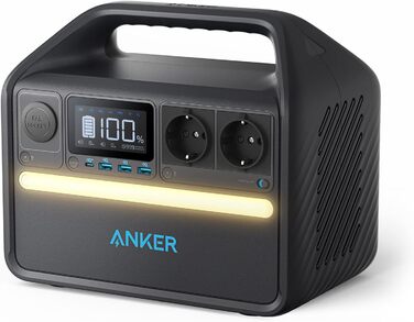 Компактна електростанція Anker 535 (потужність 512 Втгод), портативні батареї LiFePO4, 7-портовий генератор живлення 500 Вт, 2 порти змінного струму, порт USB-C PD потужністю 60 Вт, світлодіодне світло для кемпінгу та відключень електроенергії Чорний