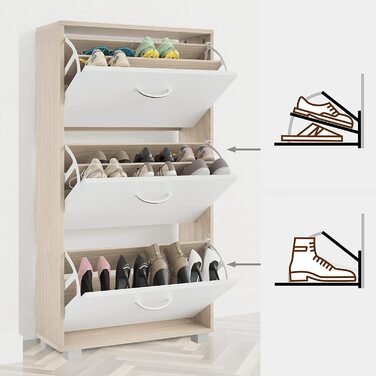 Шафа для взуття Casaria® на 18 пар, вузька, 115x60x25 см, 3 дверцята, висока, з дерева, закрита, з фіксацією від перекидання, для прихожого, світла бука/білий колір