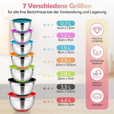 Набір мисок HaWare 7 шт. з нержавіючої сталі з кришками, 6.5-0.7л, кольорові, з силіконовим дном