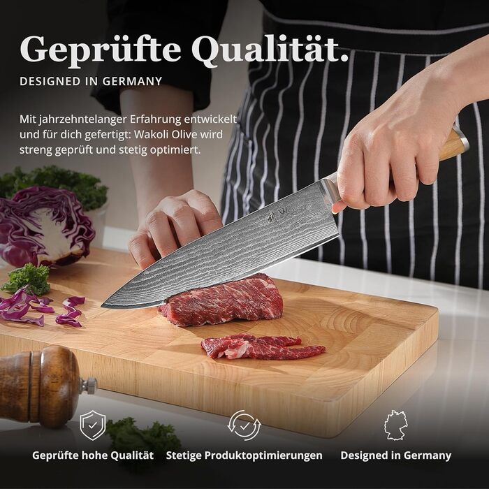 Ніж кухарський Wakoli з дамаської сталі (серцевина VG10) з 20 см лезом – гострий та збалансований – ніж з ручкою з оливкового дерева в подарунковій коробці – ніж кухонний з дамаської сталі для професіоналів та поціновувачів