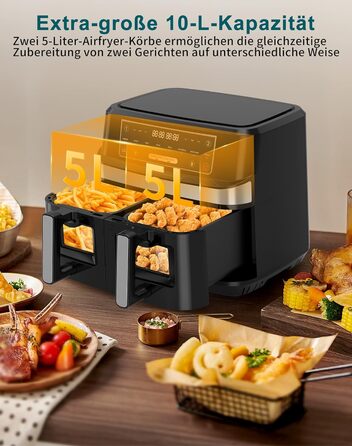 Подвійна фритюрниця без олії з 2 камерами, 10л, 8-в-1, сенсорний екран, таймер, XXL