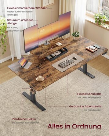 Стіл письмовий регульований по висоті VASAGLE з підставкою для монітора, шухлядою, USB-C та нагадуванням про перерви, 140 x 70 см, Vintage Brown