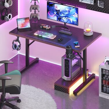 Ігровий стіл Devoko 160x60 см з LED підсвічуванням, з підставкою для монітора, карбоновим покриттям, ергономічний, з тримачем для чашки та гачком для навушників