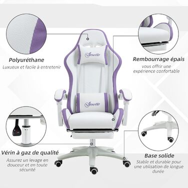 Крісло ігрове Vinsetto Ergonomic з регульованою підніжкою, спинкою 135°, підголівником та поперековою підтримкою, офісне, 360° обертання, PU, біле