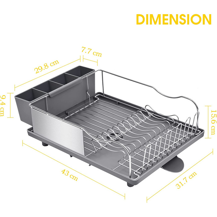 Сушарка з нержавіючої сталі KINGRACK, антикорозійна, 2-смугова дошка для крапельного зсуву, знімний 4-секційний тримач для посуду, сірий