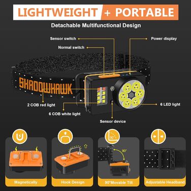 Налобний ліхтар Shadowhawk Світлодіодний акумуляторний, 2 шт. USB налобний ліхтар супер яскравий датчик 800 люмен 6 режимів Налобні ліхтарі з червоним світлом, водонепроникний налобний ліхтар, для дітей, дорослих, бігу підтюпцем, піших прогулянок, кемпінг