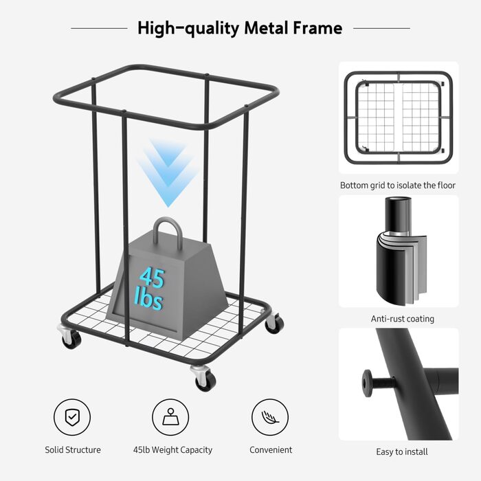 Великий кошик для білизни YKDIRECT, металева рама, знімні кишені, колеса, 150л, чорна кришка (мотузка)