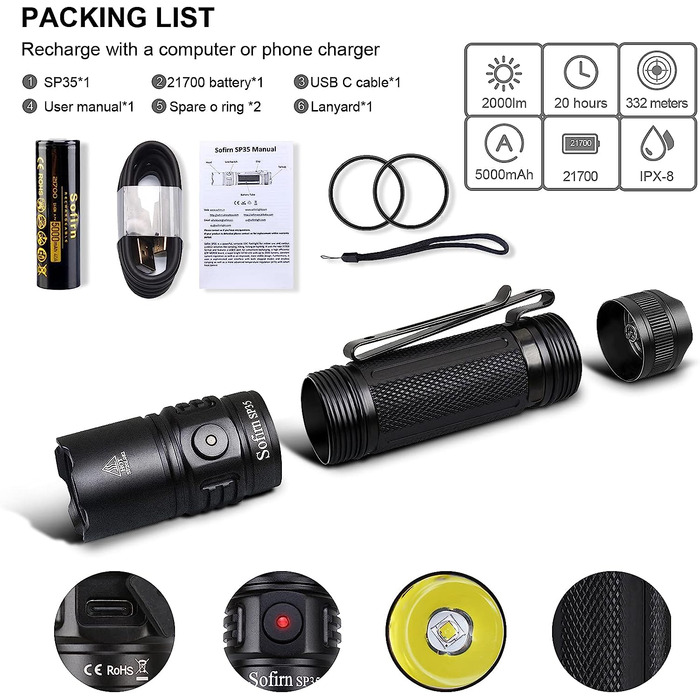 Потужний світлодіодний ліхтарик Sofirn SP35, тактичний ліхтарик з підсвічуванням 2000 люмен USB акумуляторна лампа з батареєю 21700, багатофункціональний 8 режимів для полювання на відкритому повітрі пошук