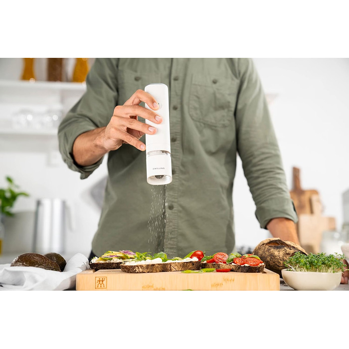 Електрична млинка для солі та перцю ZWILLING Enfinigy, керамічний жорно, LED підсвічування, USB зарядка, чорно-білий дизайн