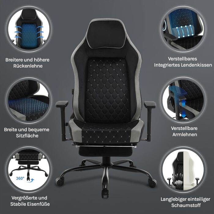 Ігровий крісло WOLTU, офісне крісло ергономічне, з інтегрованим м'яким наповнювачем, адаптивною підтримкою попереку, підніжкою, підлокітниками, оксамитовим покриттям, металевим каркасом, чорний + сірий, GS05szg Чорний+сірий Оксамит