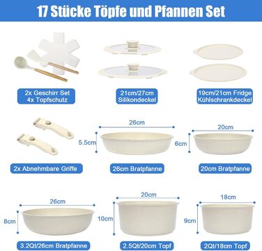 Набір посуду GFTIME 17-ти частинний з антипригарним покриттям Ceramic, для всіх плит (індукція), зі знімними ручками, 20/26 см скляні кришки, без PFOA/PTFE/PFAS
