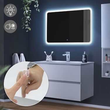 Дзеркало для ванної кімнати ML-Design з LED-підсвічуванням, 90 x 60 см, білий колір, сенсорне керування