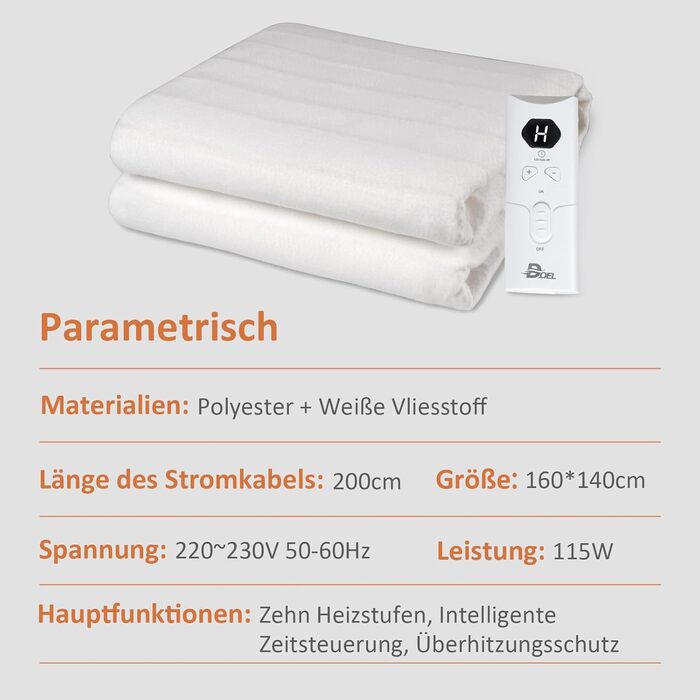 Електрична ковдра DOEL одномісна, 10 налаштувань тепла, автоматичне вимкнення, можна прати, 66 Вт, білий (160x140см)